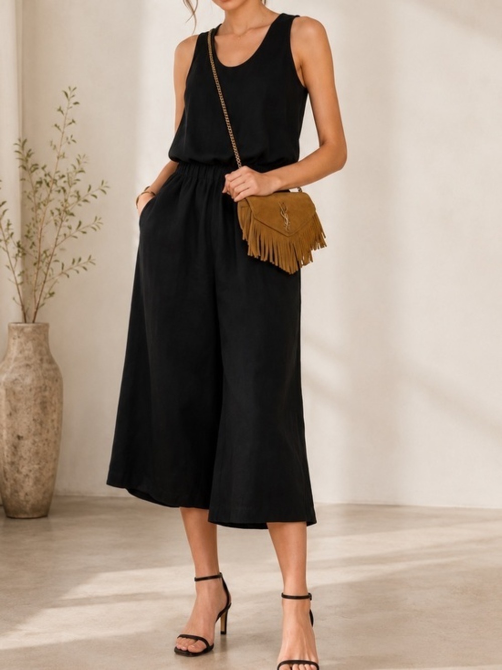 Ulla Johnson Lee Black Linen Blend Scoop Neck Wide Leg Minimalist Chic Jumpsuit